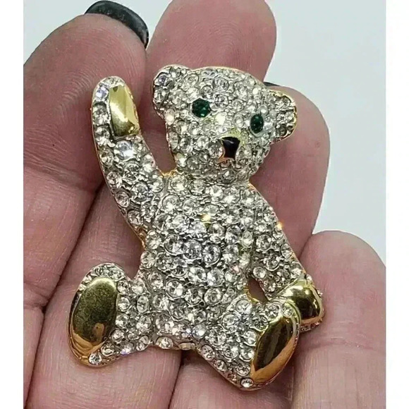 Vintage Teddy Bear Brooch Clear & Green Rhinestones Cute Waving - Picture 2 of 6